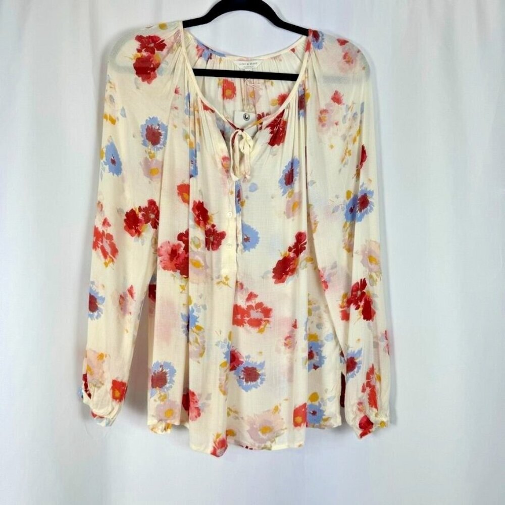 Lucky Brand Gauzy Floral Peasant Top Tie Neck Semi-sheer Cottagecore Boho NWT L